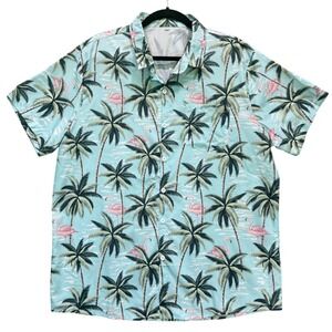NWOT SHEIN Mens 2XL Button Down Hawaiian Shirt Light Blue Flamingo Palm Tropical